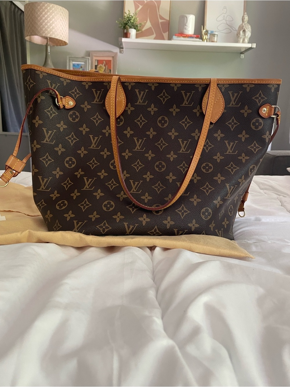 Designer Inspired LV Monogram NeverfulCanvas Tote with Vachetta Trim - Brown/Tan
